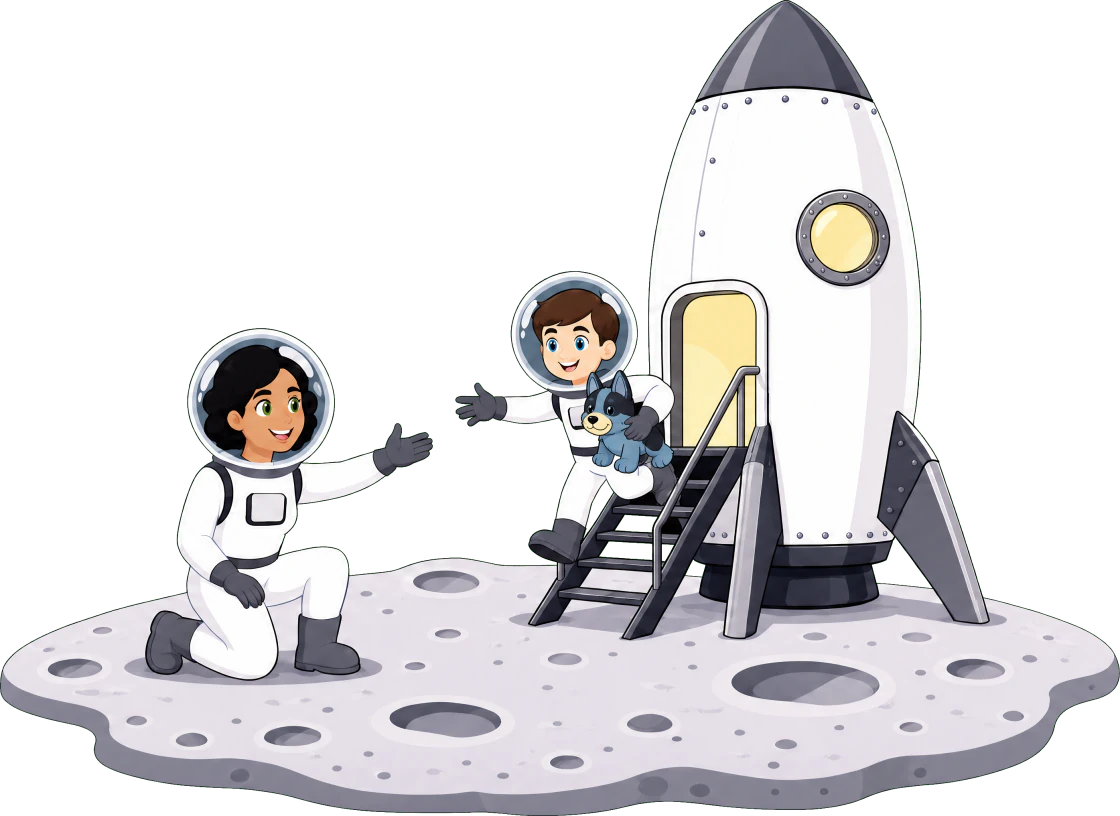 A Cosmic Care support worker welcoming a young participant aboard at a rocket doorway.