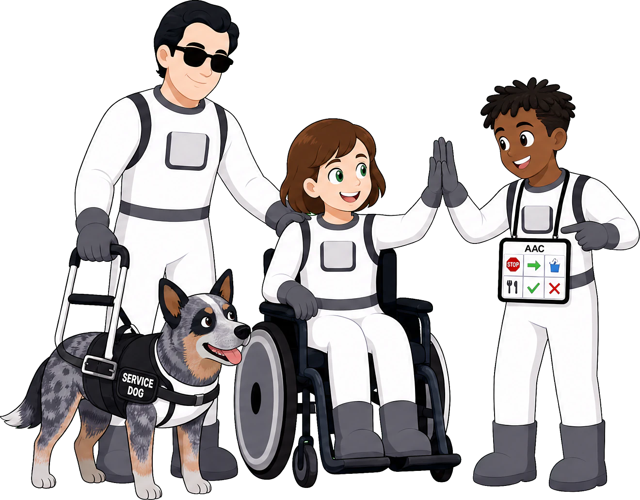 Three Cosmic Care astronauts: one with a guide dog, one using a wheelchair, one using an AAC communication device