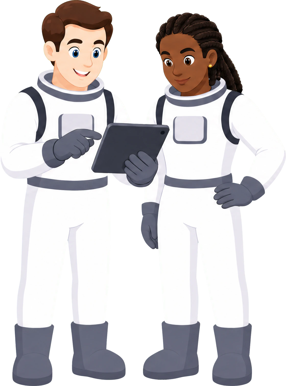 Two Cosmic Care support workers reviewing a participant's plan on a tablet together