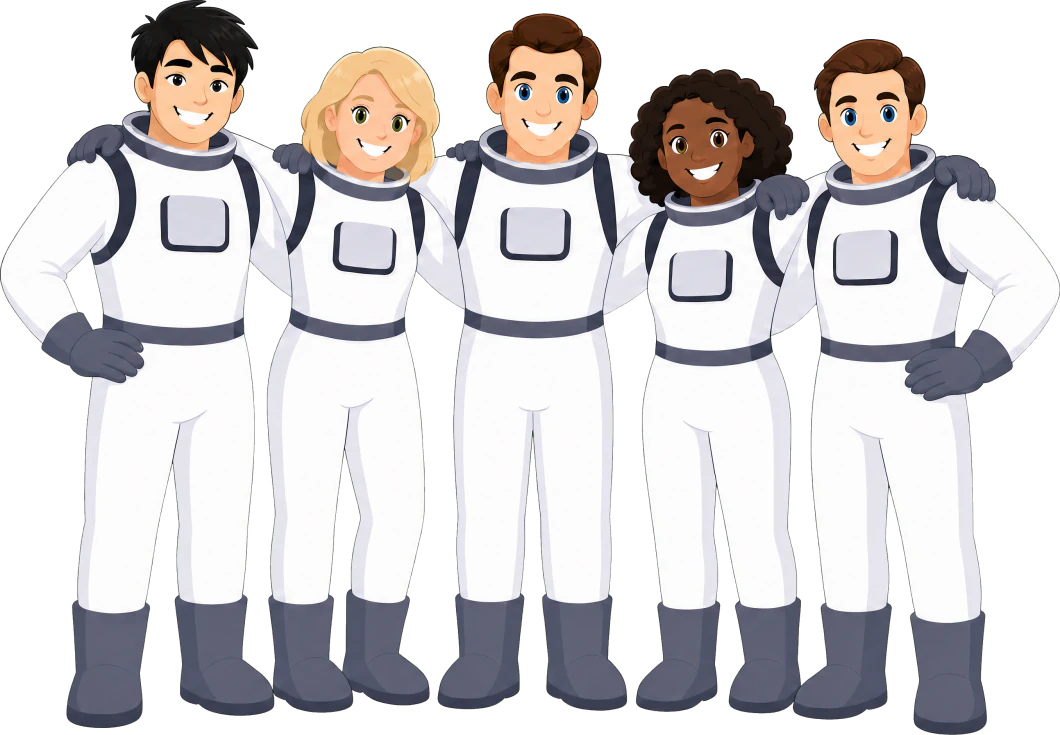 Five smiling Cosmic Care support workers in astronaut suits standing shoulder to shoulder