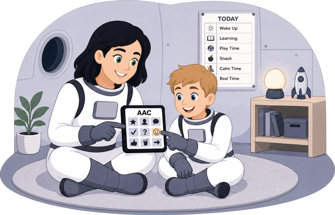 A support worker and a young boy sitting on the floor together, choosing symbols on an AAC communication tablet beside a picture routine chart