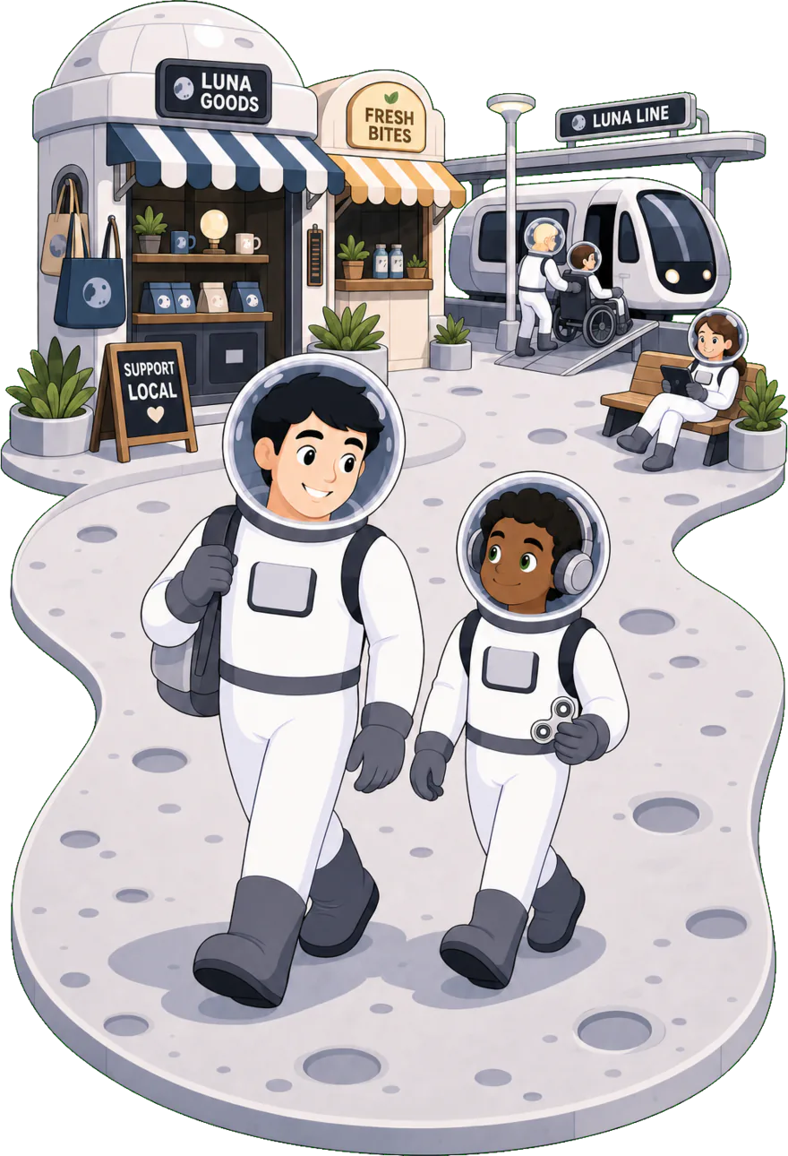 A Cosmic Care support worker and a young participant walking together through a friendly local shopping strip, with an accessible tram stop behind them