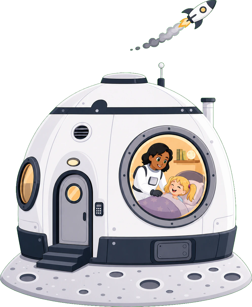 A Cosmic Care support worker tucking a young girl into bed inside a cosy space-dome home