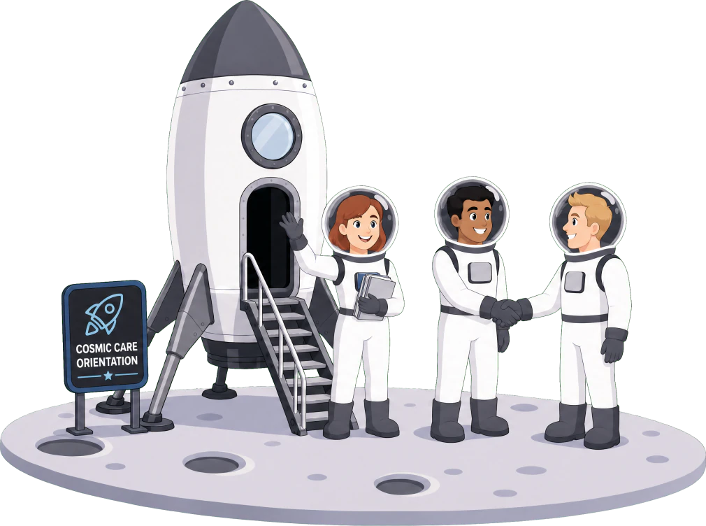 Two Cosmic Care astronauts shaking hands to welcome a new team member by a rocket