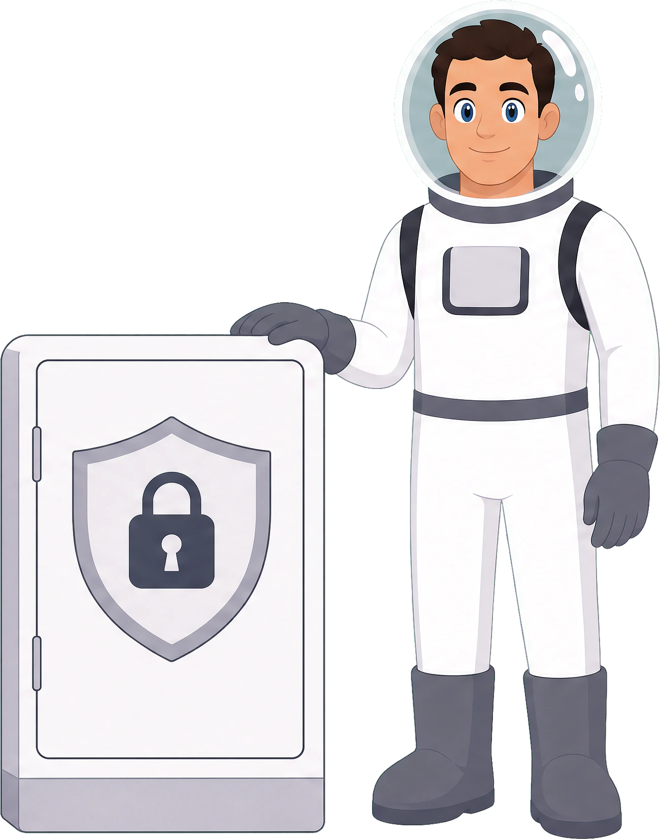 A Cosmic Care astronaut standing beside a locked safe
