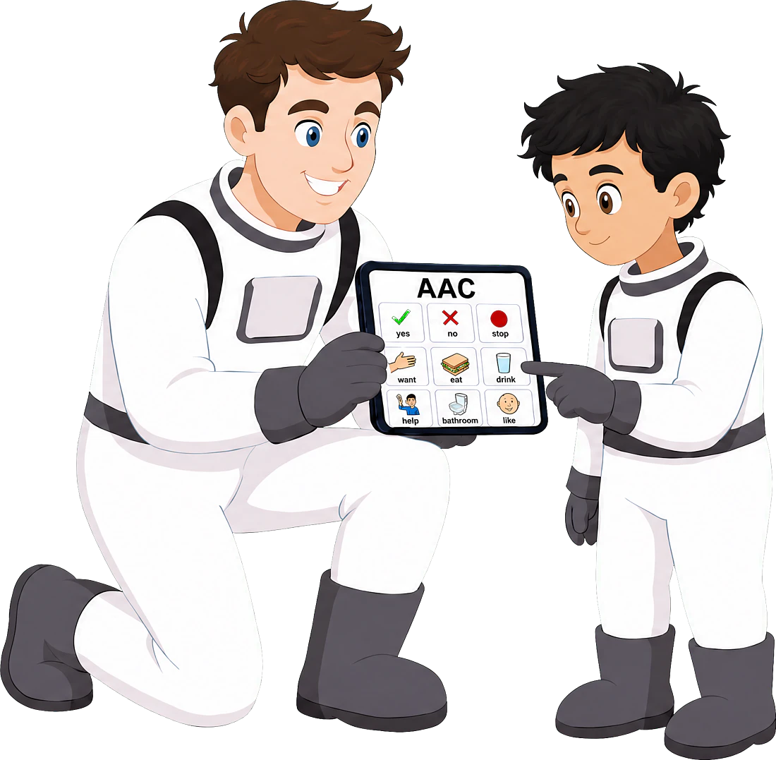 A Cosmic Care support worker kneeling beside a young participant, both showing him an AAC communication device