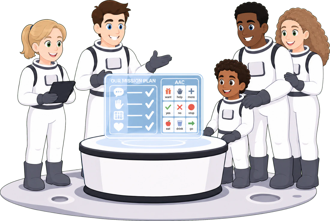 Cosmic Care astronauts working alongside a support coordinator reviewing a plan
